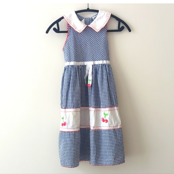 Vintage Other - Vintage nostalgia girls blue white gingham cherry applique Peter Collar Dress 10